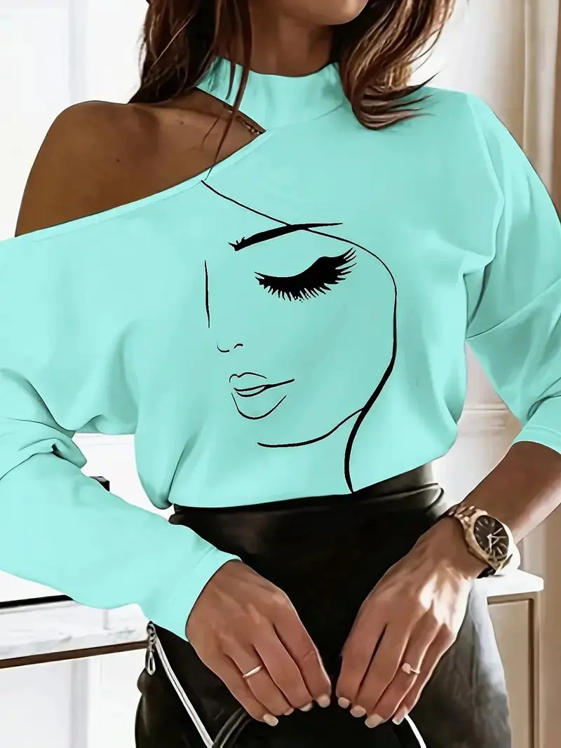 An abstract facial pattern Tshirt casual shoulder cut long sleeved womens clothing 250407