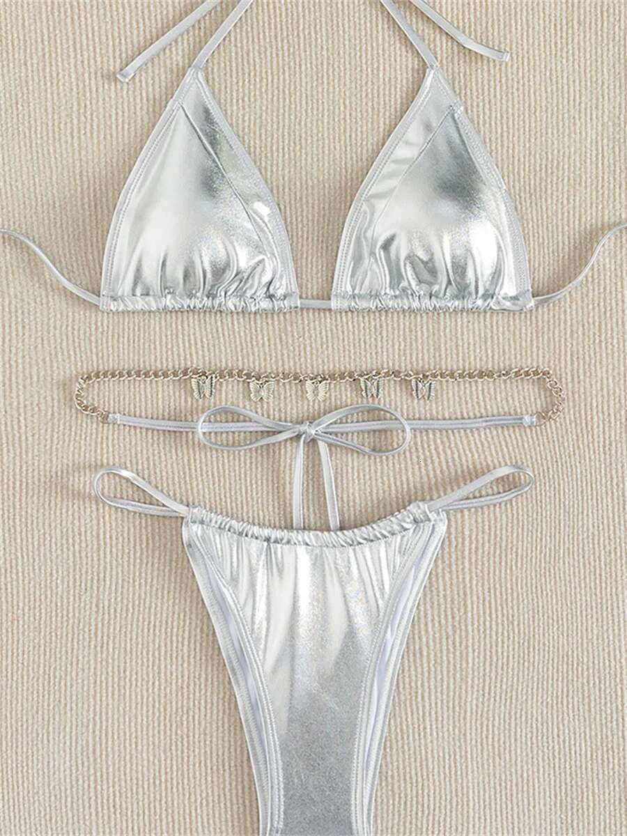 Dongdumaoyi Sexy Brozing Silver Bikinis Luxury Metal Butterfly Chain Belt Micro Swimsuit Push Up Beach Bathing Suit Thong Swimwear