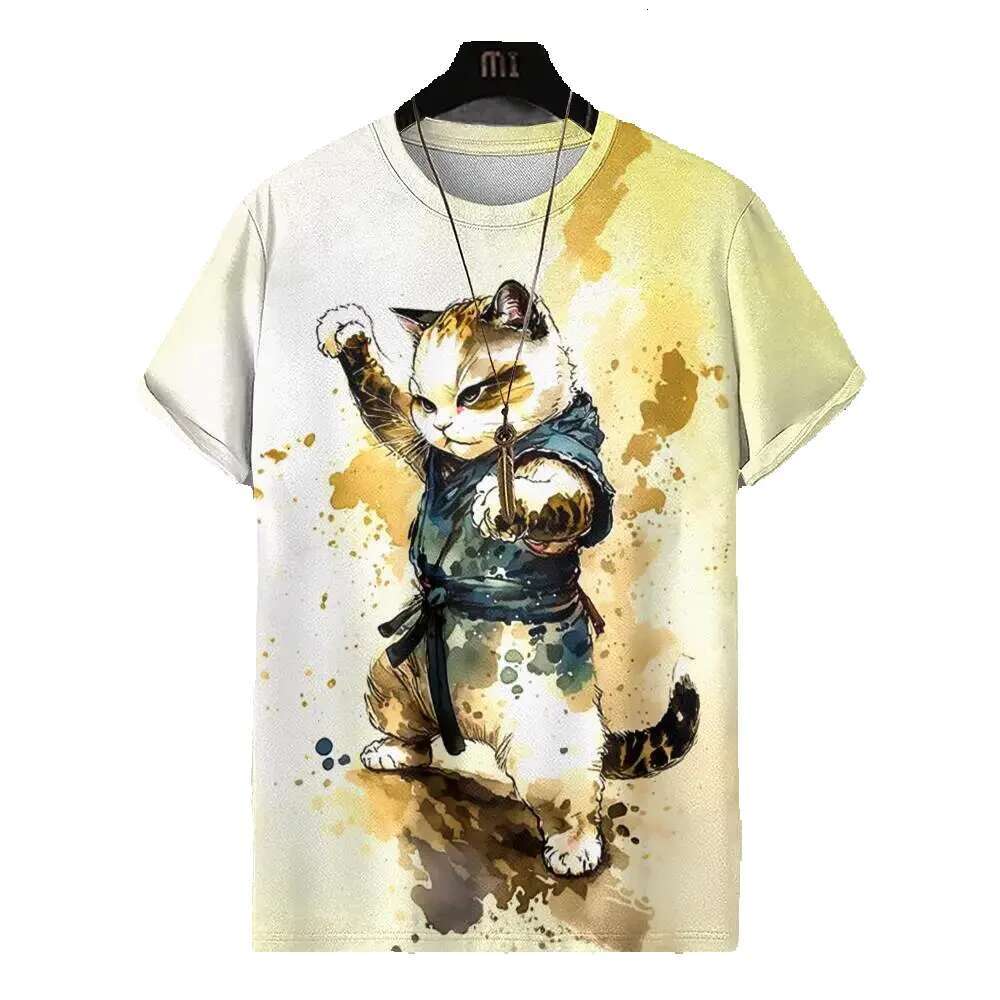 Japanese style 3D printed with warrior cat pattern casual short sleeved T-shirt oversized men's top
