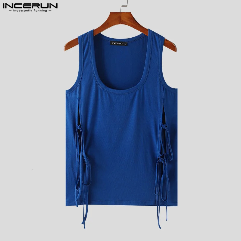 Mens Tank Top Solid Color Hollow Lace Street Clothing Mens Summer Sexy Fitness Mens Tank Top S-5XL INCERUN 250403