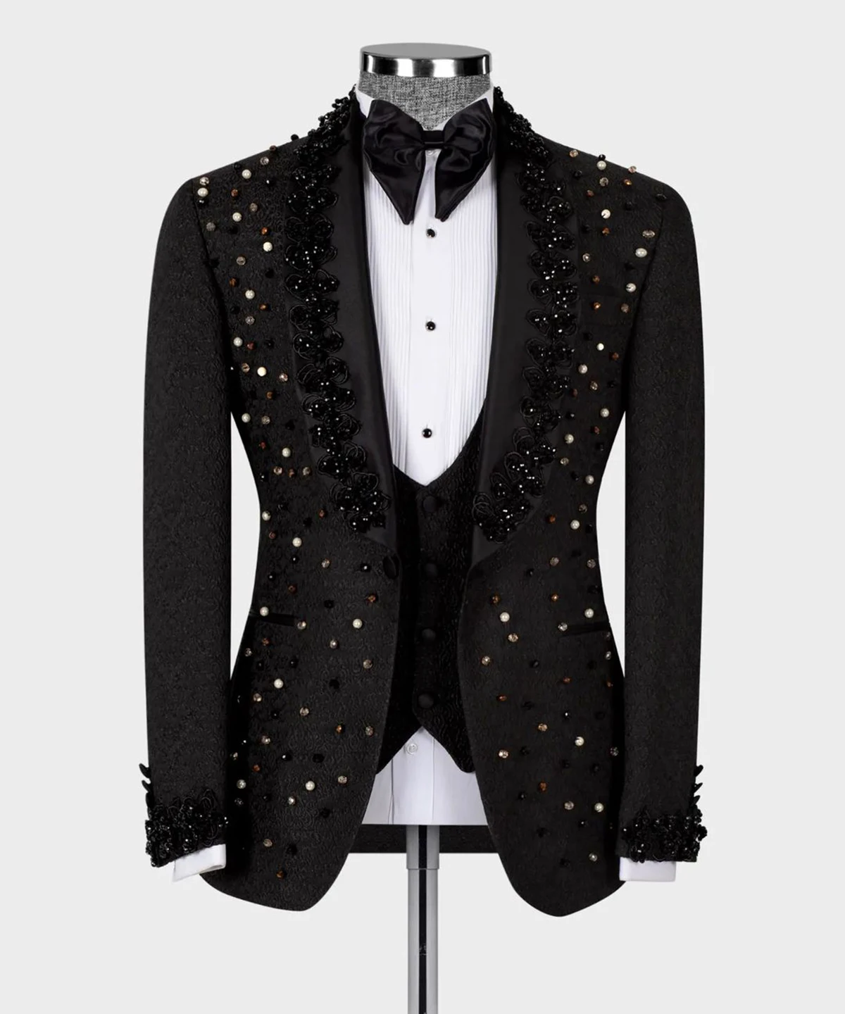 Vintage Men's Wedding Suit Shawl Lapel Rhinestone Applique 3 Pieces Set Tailored Blazers Jacquard Groom Jacket for Wedding Custom Made Coat(Pants