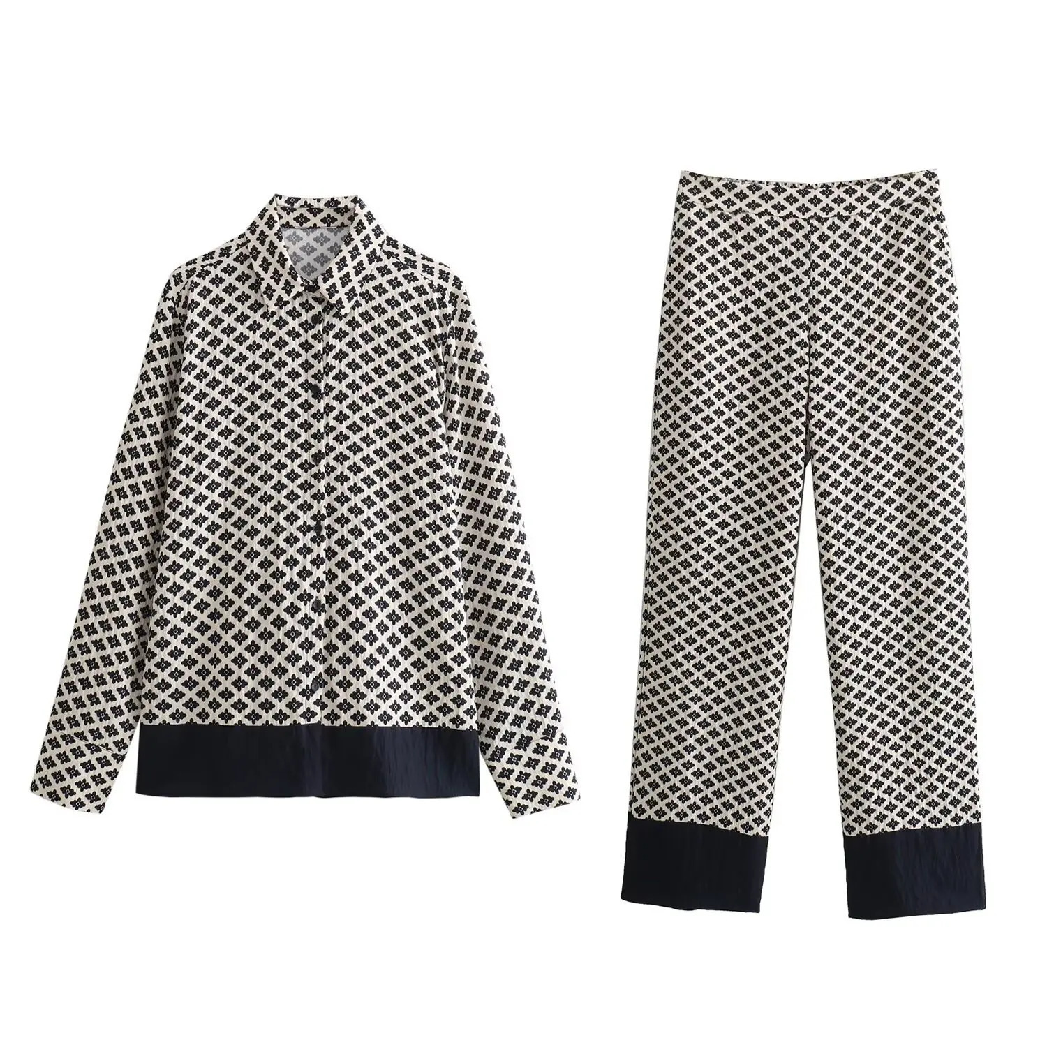 ZBZA Womens Printed Top and Mens Set with Collar Long Sleeve Elastic Waist Pants SpringSummer Style Casual Unique 250407