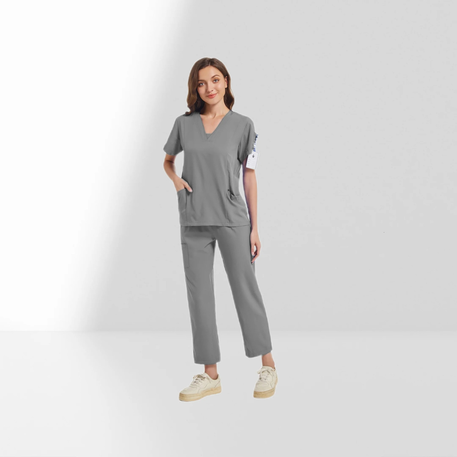 Multicolour Jogger Suit Nurse Scrubs Set Clinical Clothes Doctor Nursing Uniforms Short Sleeve V-neck Tops Pocket Pants 250402