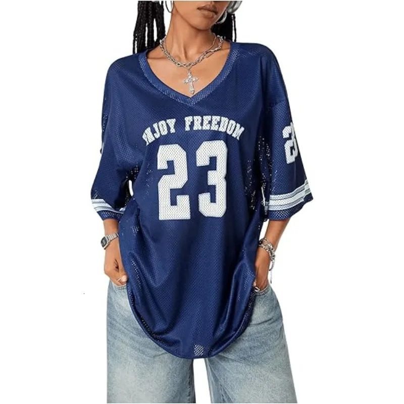 Summer 23 Print Tshirt for Womens Vneck Mesh Comfortable and Breathable Football Sports Wear Y2K Loose Large Size Clothing 250407