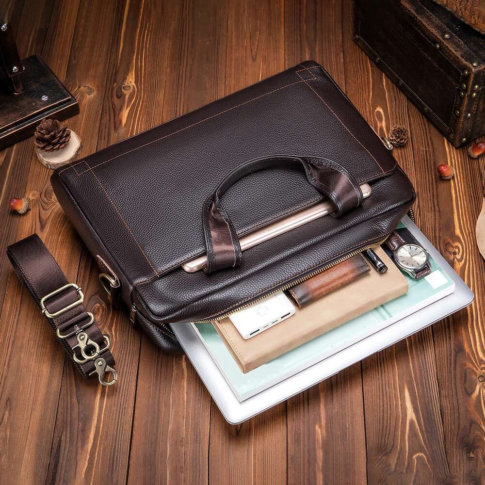 Men's Top Layer Cowhide Leather Handbag Diagonal Cross Office Bag Laptop Briefcase - Stylish Business Travel Accessory