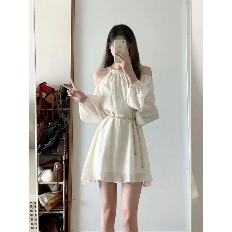 CL5150 High quality sweet temperament high-end off-shoulder skirt female summer new style niche small solid color temperament