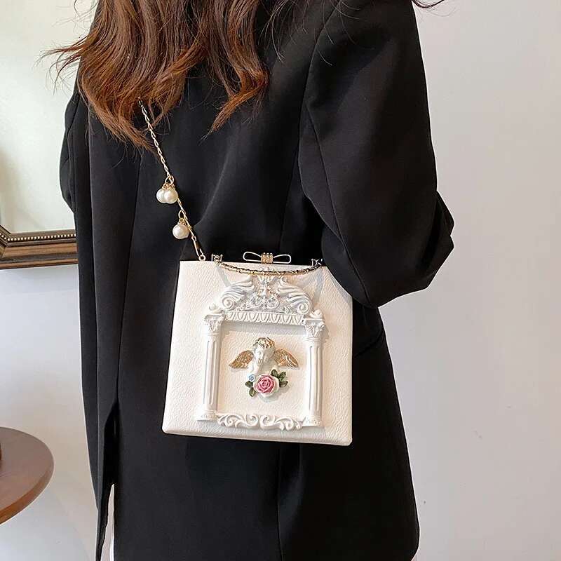 Women's Vintage 3D Relief Wer Square New College Girls Cartoon Angel Shoulder Ladies Metal Chain Messenger Bag