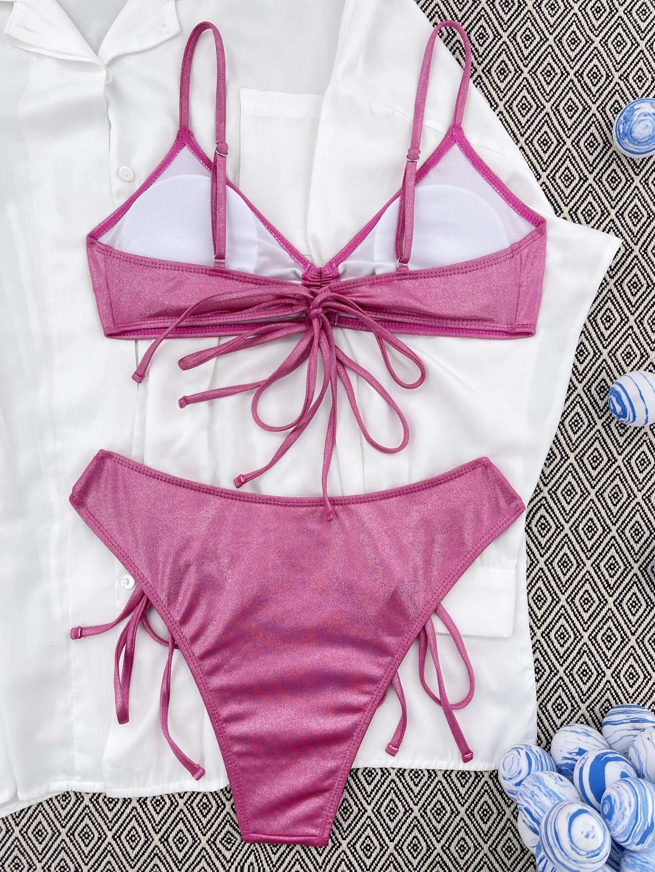 Dongdumaoyi Sexy Pleate Push Up Bikini Set Women Shiny Hot Pink Drawstring Side High Waist Swimsuit Beach Bathing Suit Lace Up Swimwear