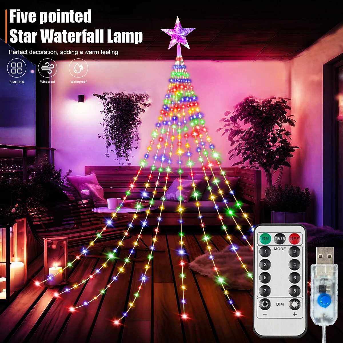 200/280 LED Star Waterfall Lights With 8 Modes USB Powered Remote Control Camping Light Indoor Outdoor Christmas String Lights W251107