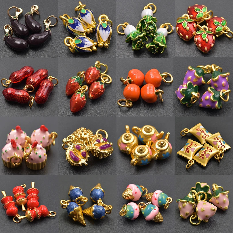4 pieces of threedimensional goldplated fruit and vegetable flower enamel charm used for jewelry making alloy egg factory candy pendant bracelet 25032