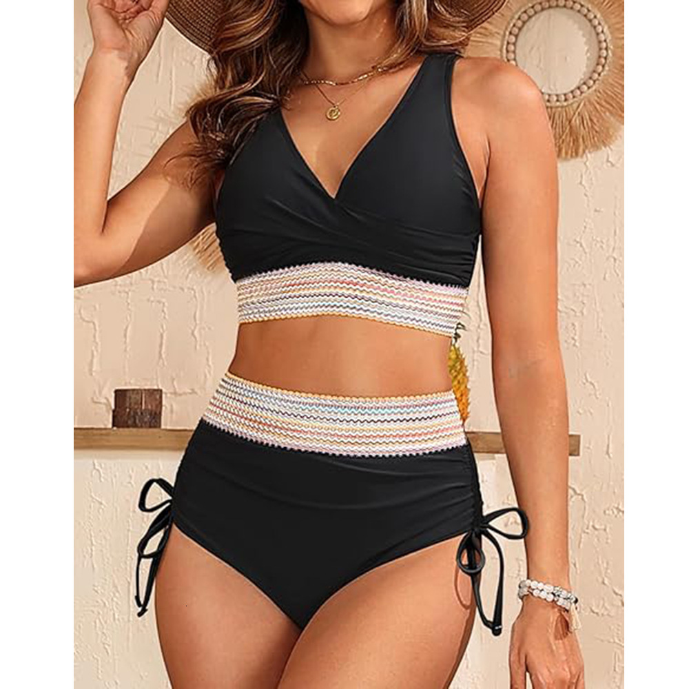 2025 Fashion Knitted Elastic Band Split Solid Color Drawstring Triangle Pants Huludao Hot Spring Swimsuit for Women