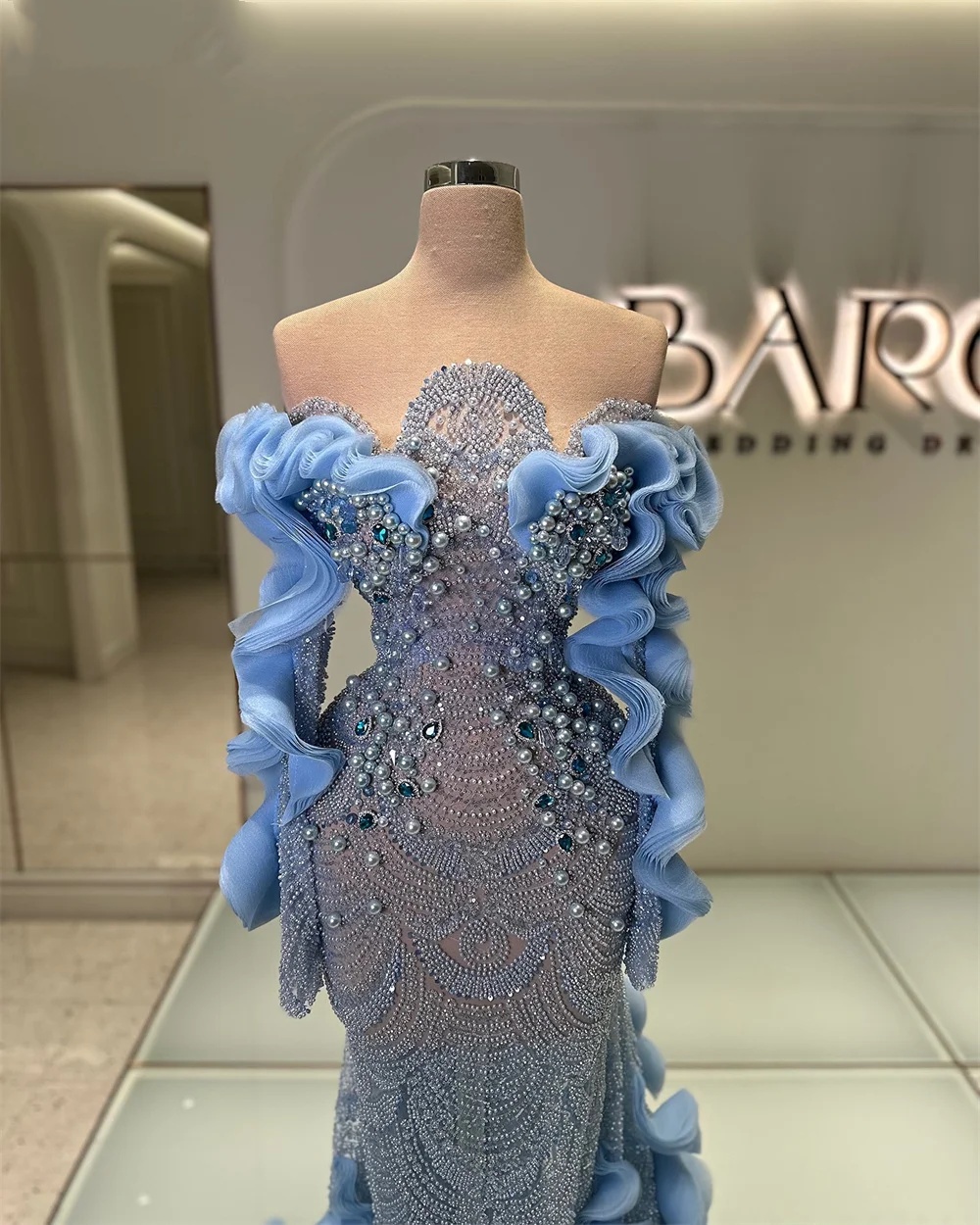 Exquisite Evening Dresses Pearls Crystal Mermaid Prom Gowns Beading See Through Long Sleeves Customized Sweep Train Princess Formal Occasion Party Dre