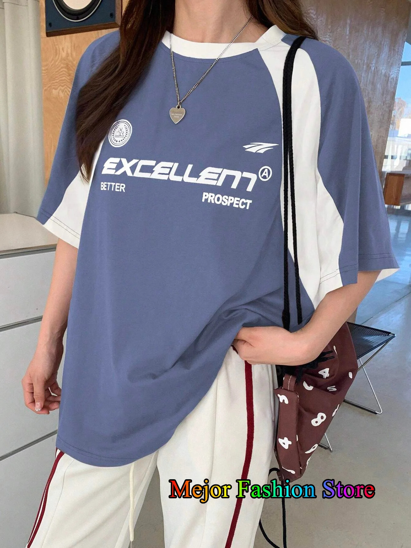 Summer womens Oneck printed Tshirt red patch short sleeved mesh sports football shirt Y2K oversized top 250407