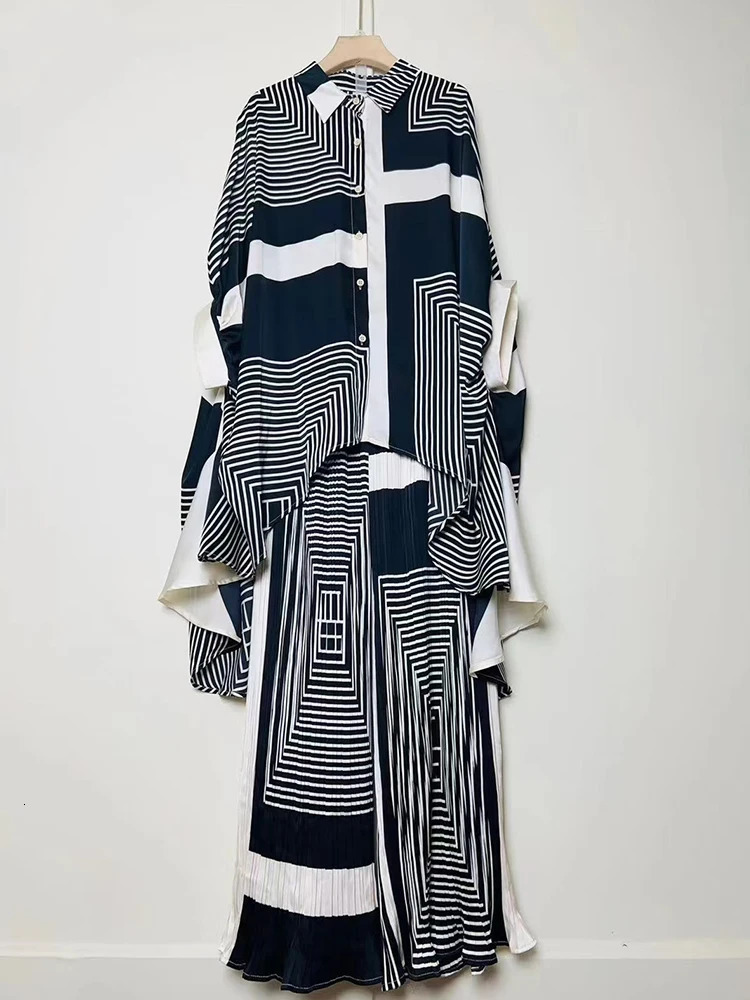 Retro geometric print loose irregular shirt twopiece set summer womens clothingpleated wide leg pants fashion 250407