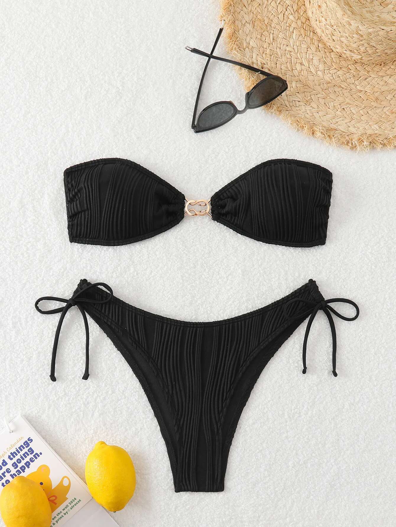 Dongdumaoyi Sexy Bandeau Bikini Women Metal Ring Ornament Push Up Swimsuit Brazilian Beach Bathing Suit Drawstring Side Thong Swimwear