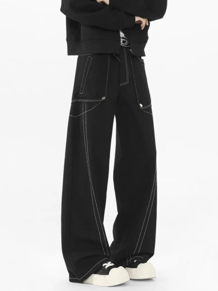 Ropa Y2K Fashion Black Casual Bag Jeans Mens Clothing Straight Wide Legs Long Trousers Pantalon Homme 250403