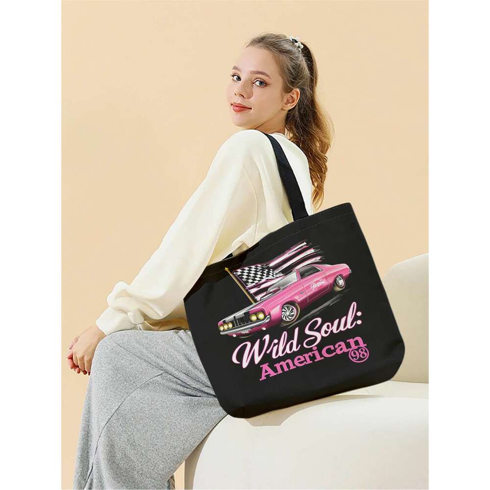 car 1pc,American retro reusable fashionable multifunctional handbag, printed canvas shopping bag handbag,