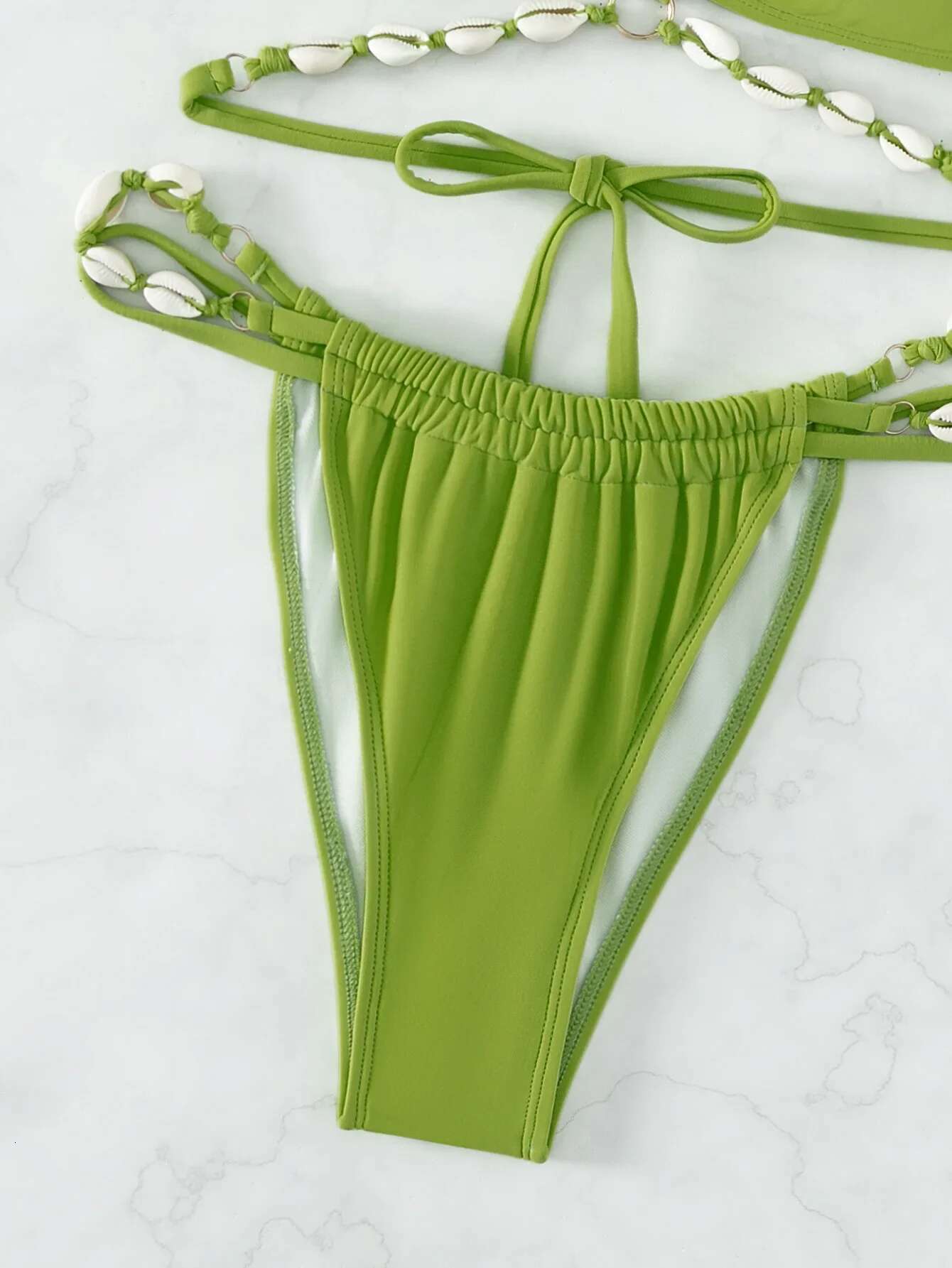 Dongdumaoyi Luxury Shell Design Bikini Set Women Solid Green Halter Bandage Cross Push Up Triangle Swimsuit Bathing Suit Micro Swimwear