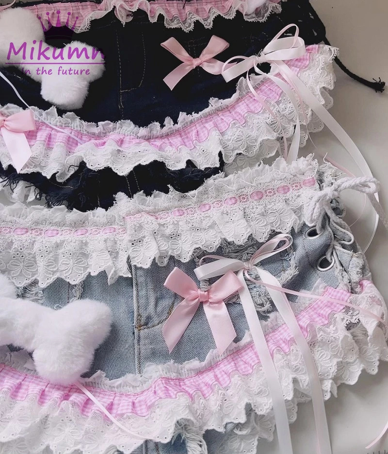 Mikumn Harajuku Y2k Women Sexy Lace Shorts Punk s Sweet Bow Angel Wing Bone Lace-up Low Waist Denim Shorts Jeans Streetwear 250407