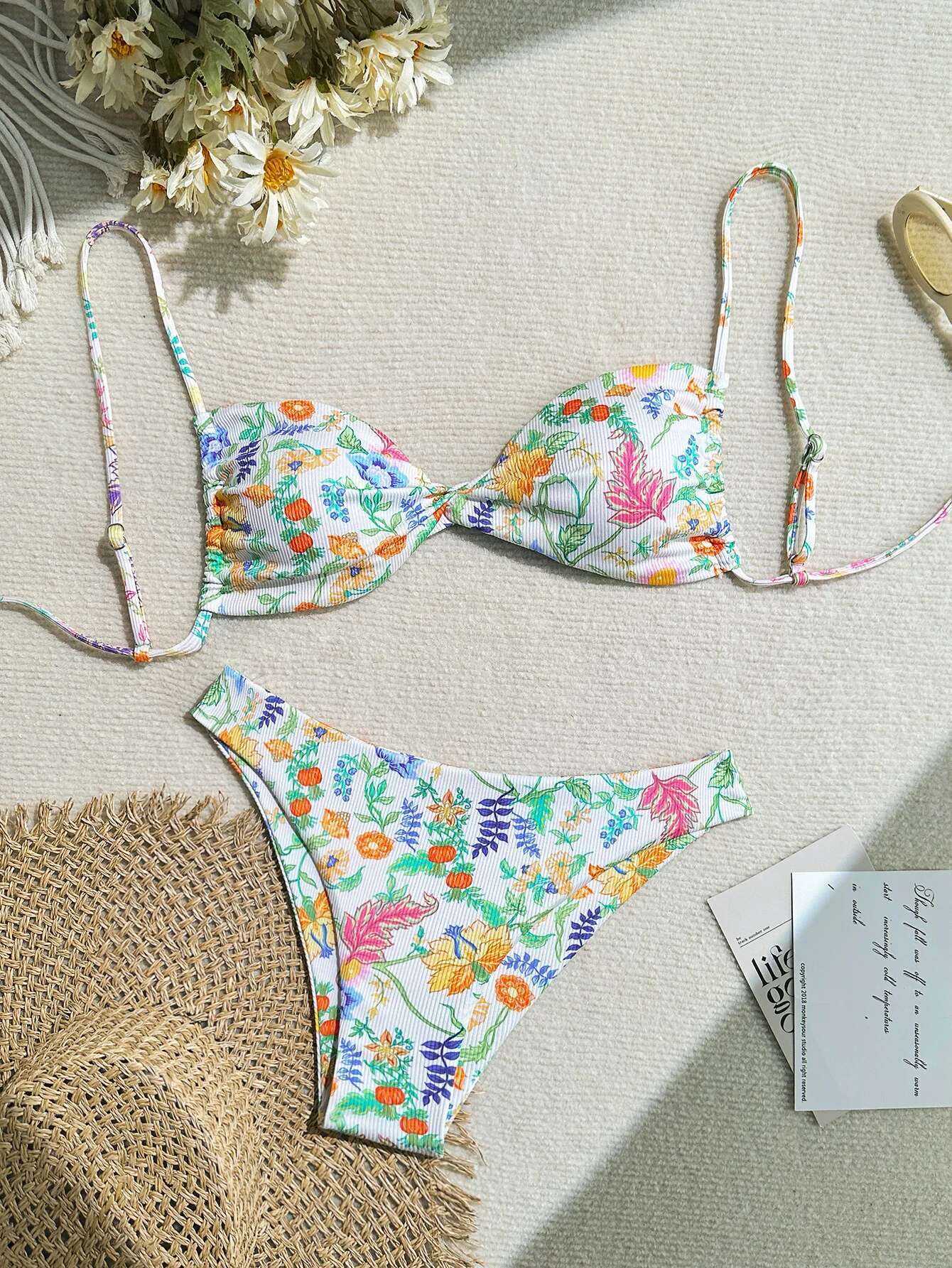 Dongdumaoyi Women Pink Floral Print Bikini Swimsuit Sexy Front Bow Push Up Micro Swimwear Brazilian Beach Bathing Suit Thong Bikinis