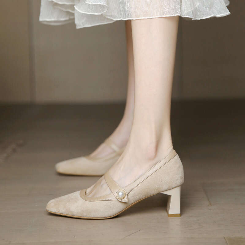 Free shipping Mary Jane High Heels Women, Chunky 2023 New Retro Style, Versatile With Dresses, French Style Mid Heel, Square Toe Single Shoes For Wome