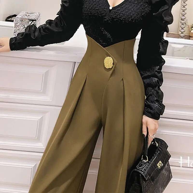 hoodie Women's Wear Stylish Spring Autumn High Pants Folds Female Clothing Three-Dimensional Decoration Basic Spliced Wide Leg Waist Trousers jac