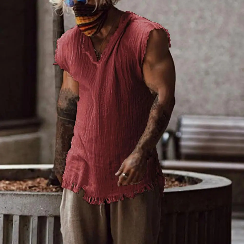 Mens Tank Top Solid Color Casual Personal Vintage Loose Style Tear Edge V-neck Sleeveless Mens Tank Top Daily Clothing 250403