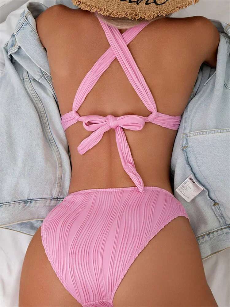 Dongdumaoyi Sexy Push Up Bikini Set Swimsuit Women S Pink Ribbed Pieces Swimwear V Neck Lace Beach Bathing Suit High Waist Bikinis