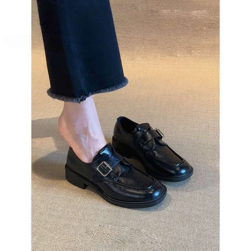 Square Toe Belt Buckle Small Leather For Women 2025 Thick Heel Free shipping College Style Loafers Lazy Versatile Single Shoes