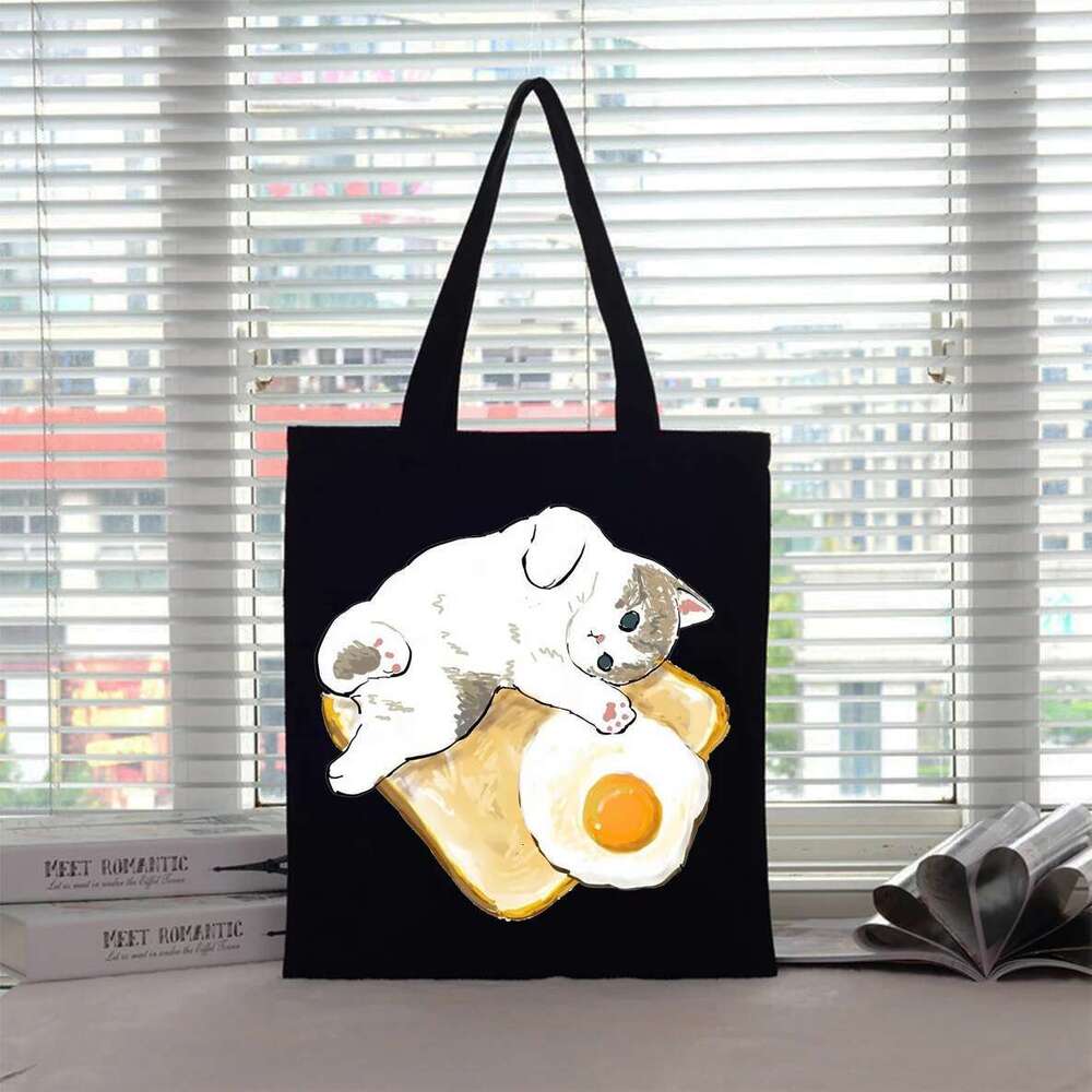 Printed Canvas Cat Tote Haruku Shoulder Shopping Bag Women Cute Kitten-Themed Eco-friendly Handbag