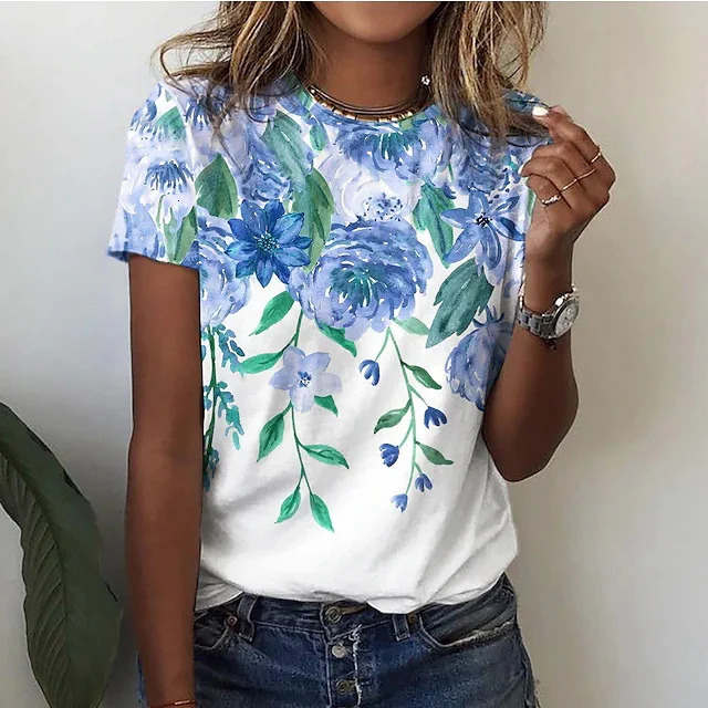 Womens Street Fashion Tshirt Flower 3D Printed Short Sleeve Daily Edition Casual Loose Round Neck Top Clothing 250407