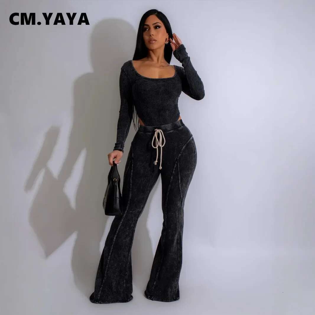 Fashion Women's Washed Knitted Long Sleeve O-Neck Bodysuits +Flare Pants Active Two 2 Piece Set Outfits Tracksuit