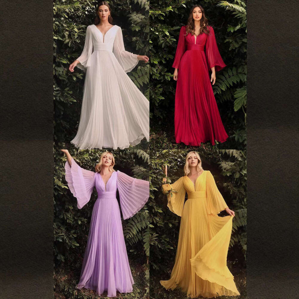 2025 Cross-Border Trade New Women's Fashion Wish Sexy Deep V Long Sleeve Slim Fit Dress