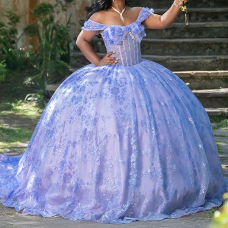 Lavender Shiny Princess Quinceanera Dresses Off Shoulder Sequin Appliqued Lace Beads Tull Sweet 16 Dress Ball Gown Vestidos De XV 15