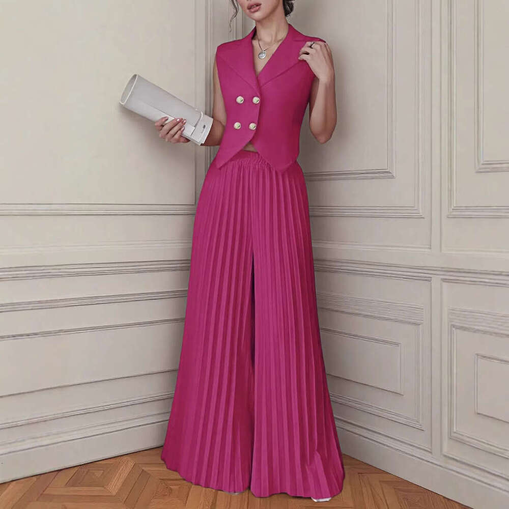 2025 Women's Cross-Border New Fashion Vest Pleated Skirt Two-Piece Set Long Pants Suit for Women