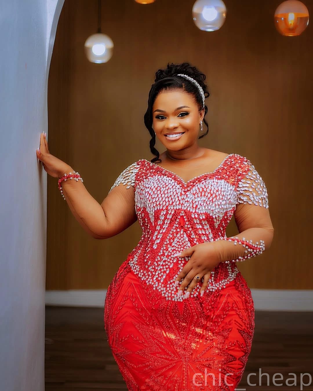 Aso Ebi Red Mermaid Prom Dresses 2026 Crystals Full Sleeves Sequined Evening Formal Party Second Birthday Engagement Gowns Plus Size Dress For Special