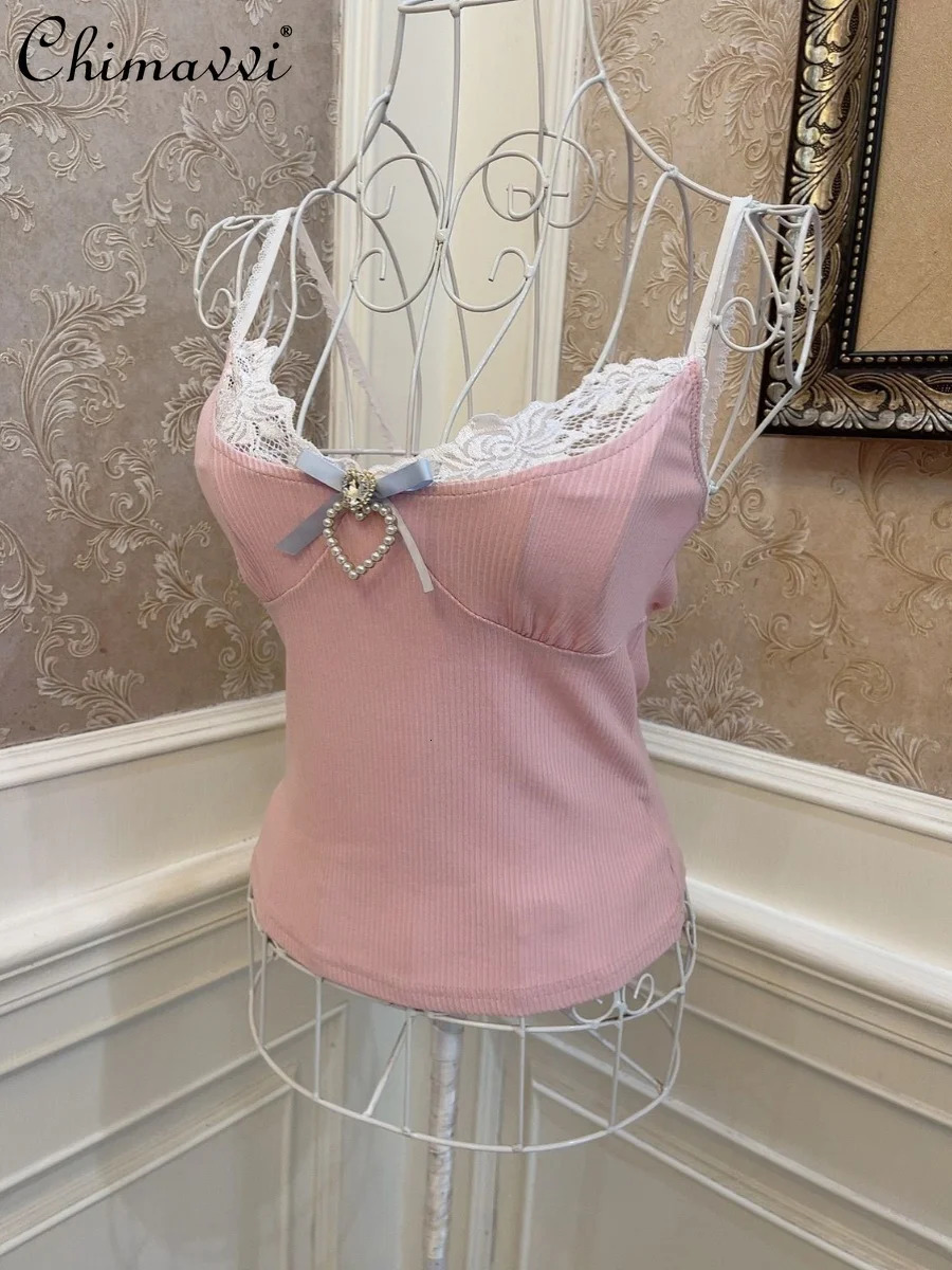 Cute retro bow heartshaped lace slim fit vest top summer dress womens girl Lolita pink sexy suspender 250407