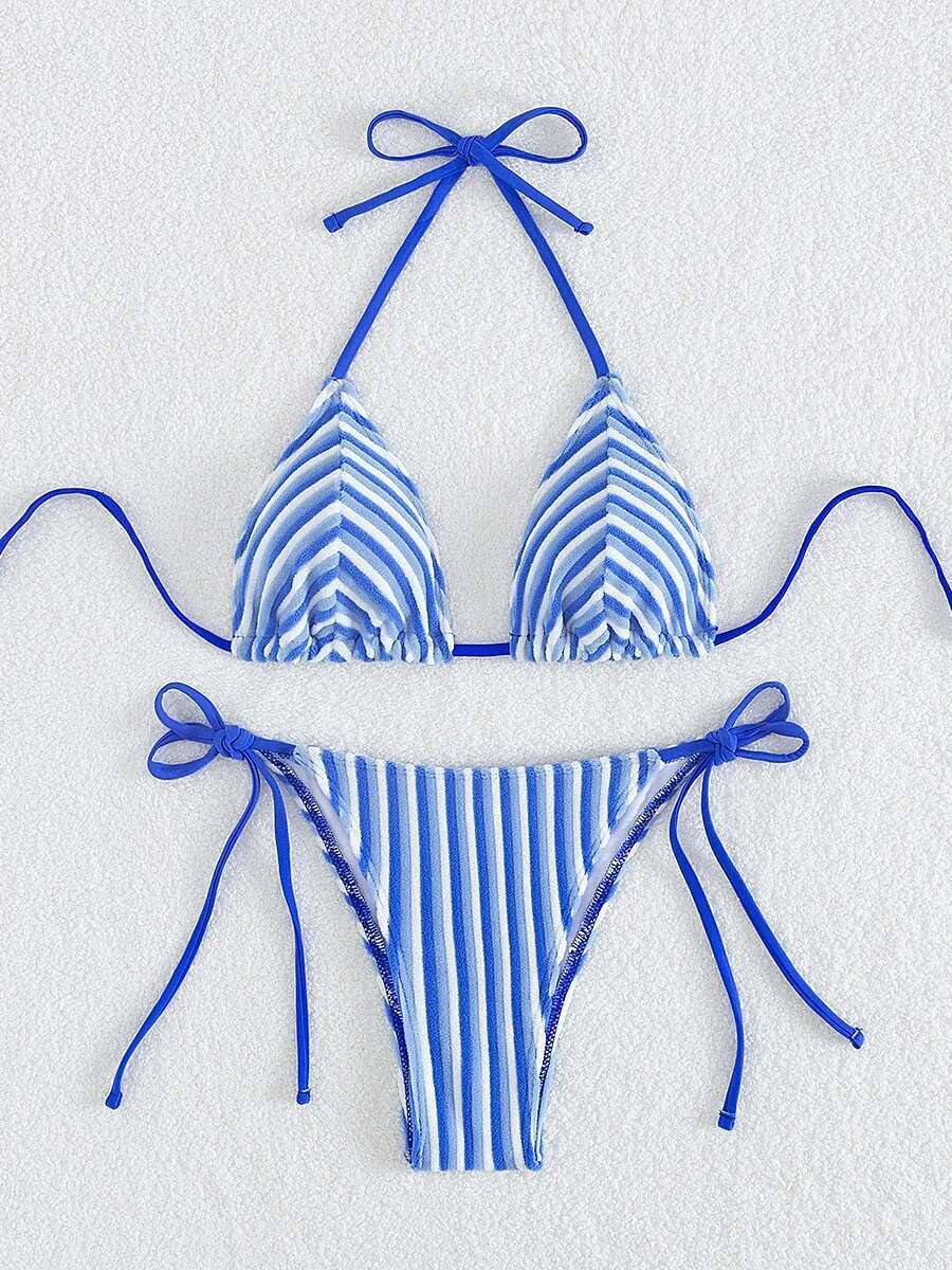 Dongdumaoyi Sexy Pink Stripe Bikini Set Women Halter Push Up Bra Tie Side Triangle Swimsuit Brazilian Beach Bathing Suit Micro Swimwear