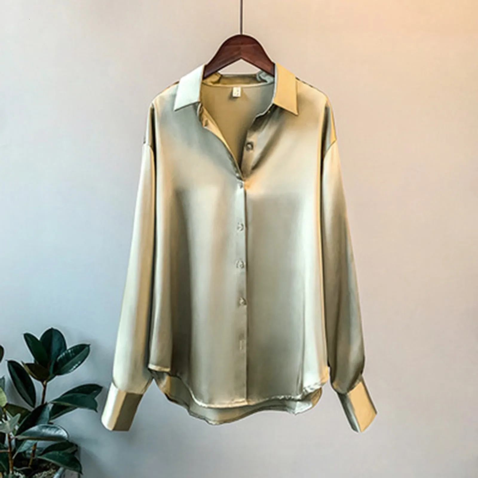 Silk satin office ladies elegant shirt and shirt Korean button satin womens retro long sleeved white top 250402