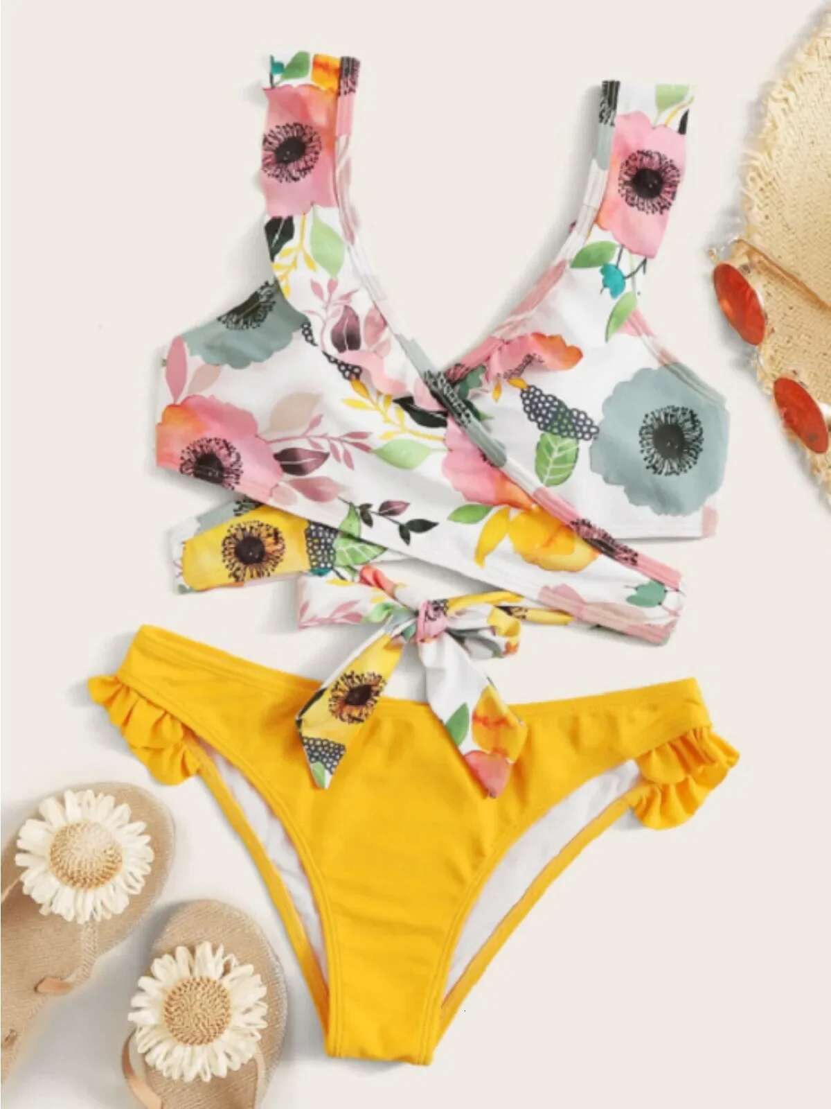 Dongdumaoyi Yellow Flower Print Two Piece Swimsuit Sexy Cross V Neck Suspender Backless Bikini Set Ruffle Beach Vacation Bathing Suit