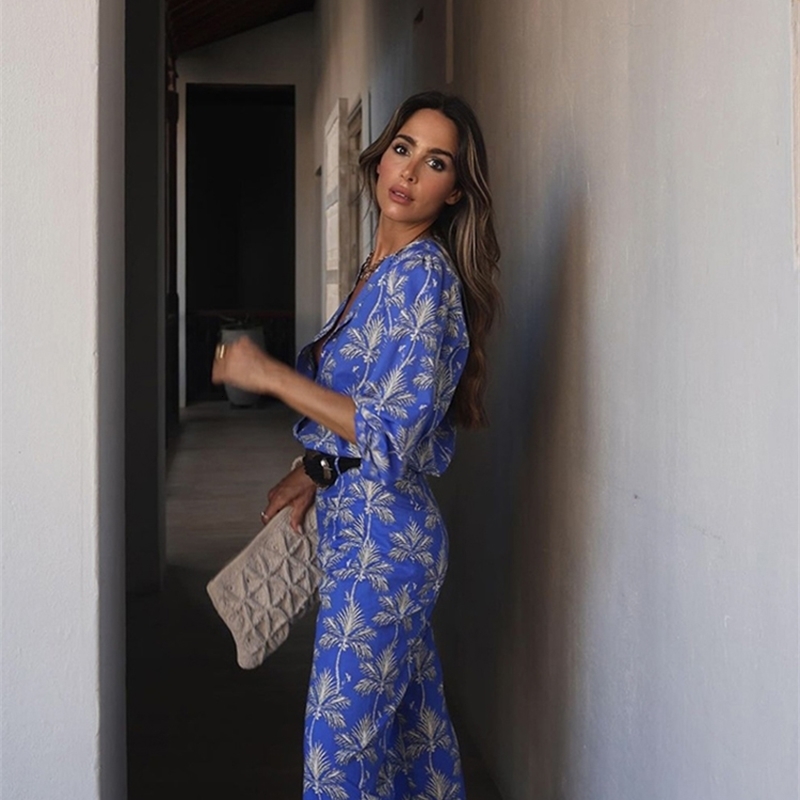 ZABA Womens Two Piece VNeck Printed Long Sleeve Top Loose High Waist Elasticated Wide Leg Pants Comfortable Set 250313