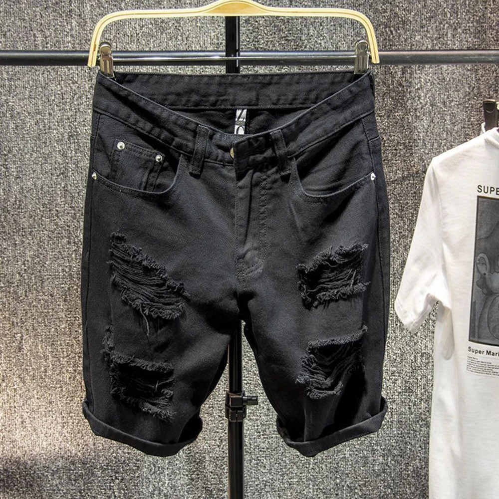 Summer Mens Fashion Trend FivePoint Hole Shorts Loose Versatile Straight Casual Solid Color Simple Y2k Jeans Men 250313