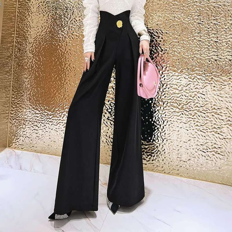 hoodie Women's Wear Stylish Spring Autumn High Pants Folds Female Clothing Three-Dimensional Decoration Basic Spliced Wide Leg Waist Trousers jac