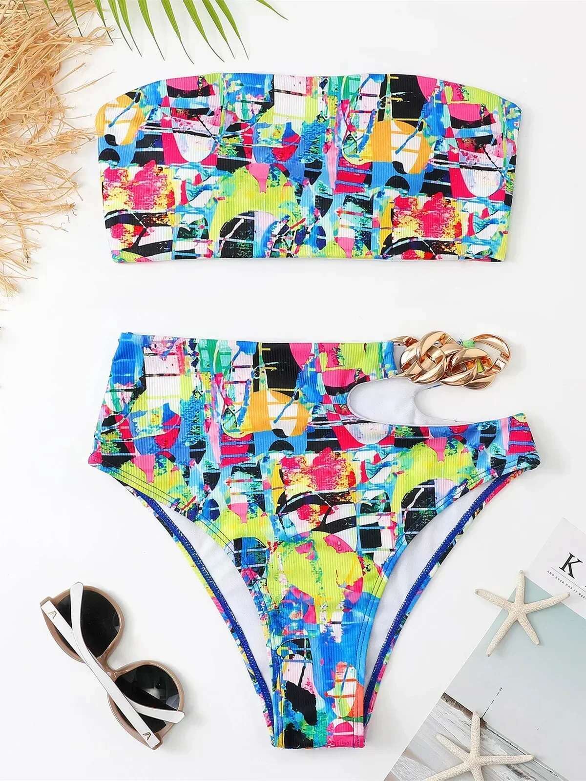 Dongdumaoyi Bandeau Bikini Women Sexy White Black Cut Out Metal High Waist Swimsuit Female Off Shoulder Bathing Suit Swimwear Beachwear