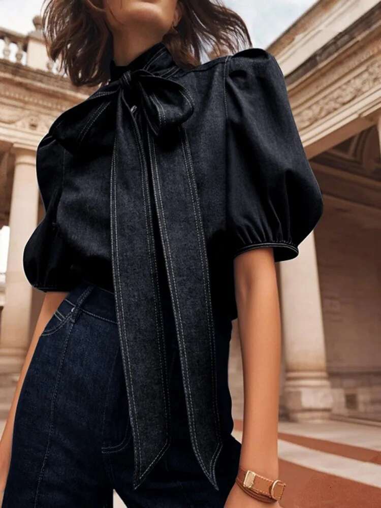 Gymystars Trendy Woman Clothes Imitation Denim Blouse Tops Elegant Puff Sleeves Bow-Embellished High Neck Summer Office Shirts