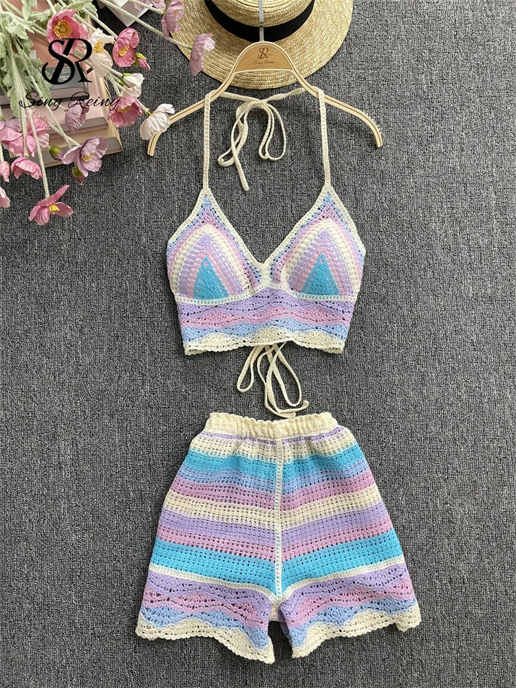 SINGREENY striped beach twopiece set for women strapless back mini Camiswing leg shorts fashionable Korean Bohemian vacation 250313