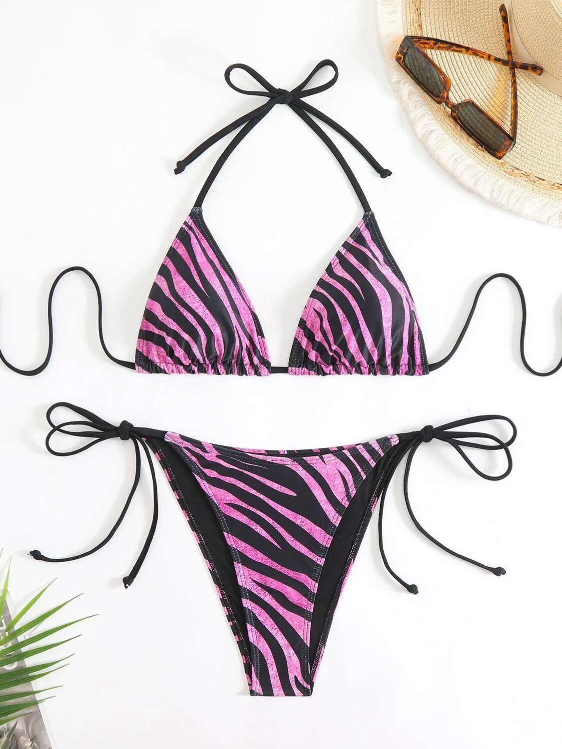 Dongdumaoyi Sexy Coffee Zebra Print Bikini Set Women Push Up Striped Tie Side Thong Swimsuit Brazilian Bathing Suit Holiday Swimwear