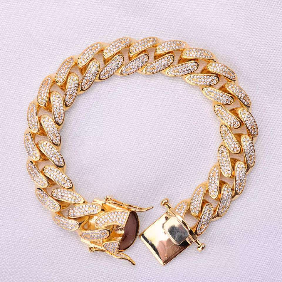 New Design Hip Hop Jewelry 14MM Gold Plated Cubic Zircon Stones 925 Sterling Silver Cuban Chain Miami Bracelet for Men