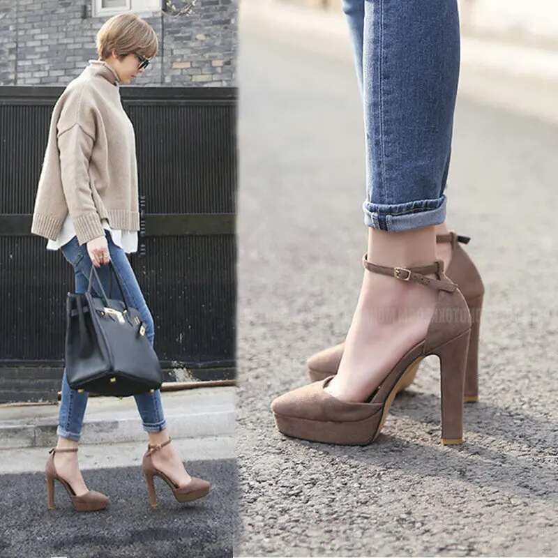 Thick Heel One Word Buckle Strap Pumps Waterproof Table Pointed Single Shoe Female Black Work Shoes Fashion Princess Sandals