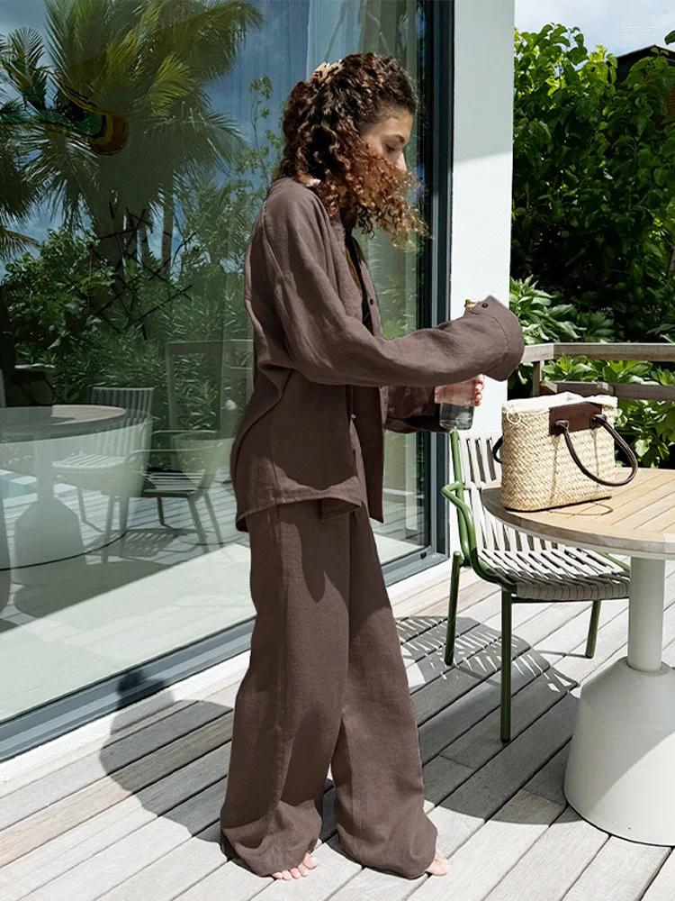 Womens Two Piece Pants Solid Loose Cotton Linen Shirt Suit Women Fashion Street Lapel Single Breasted Flax Outfits 2025 Summer Holiday Sets